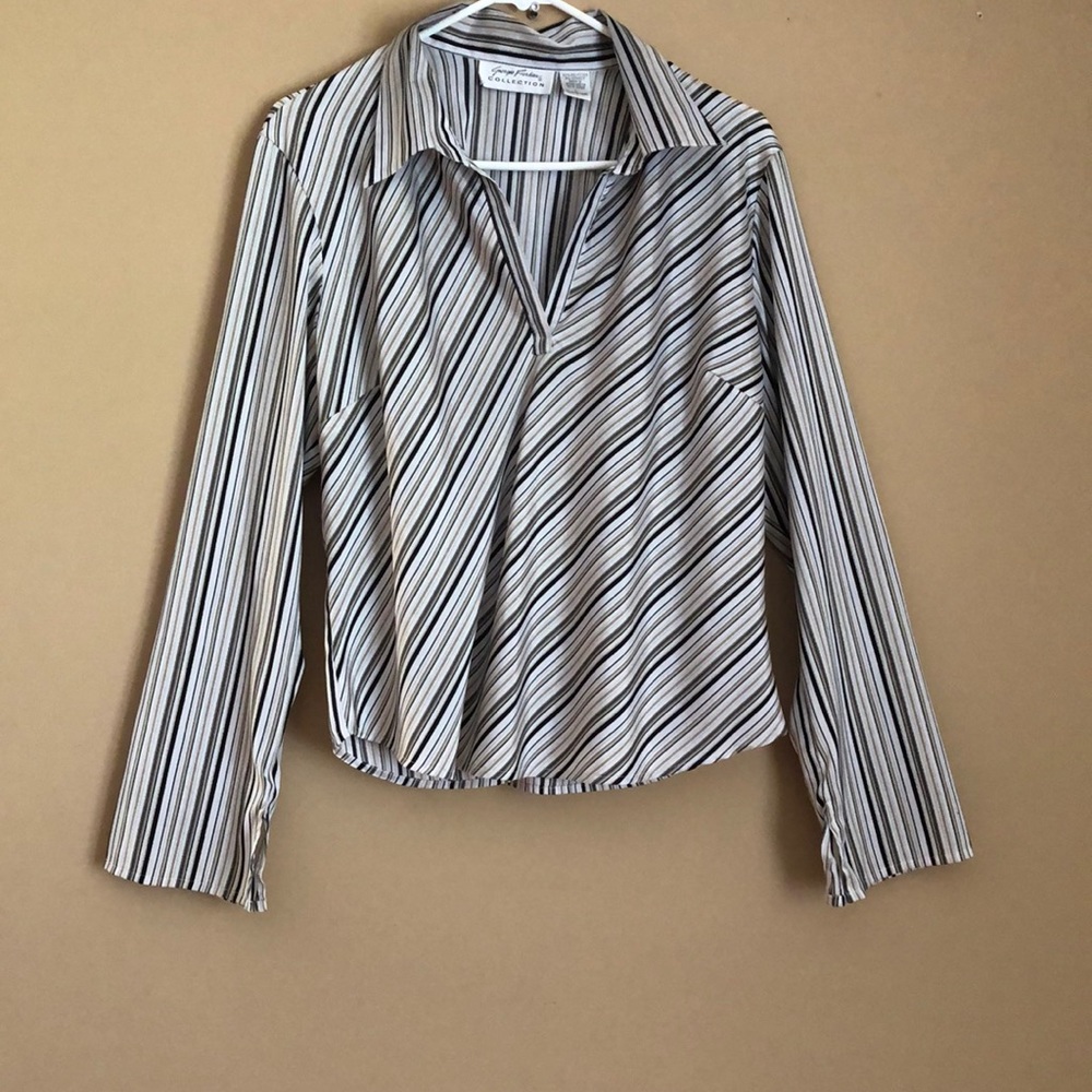 Career/Formal V Blouse with deep gold/ black stripes, along with flared sleeves